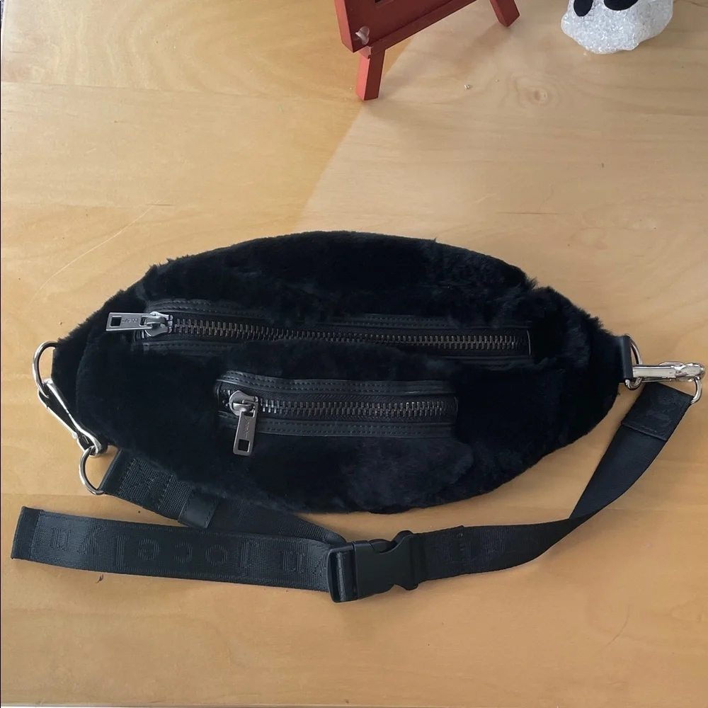 Black Real Rabbit Fur and Leather Belt Bag Crossbody JOCELYN